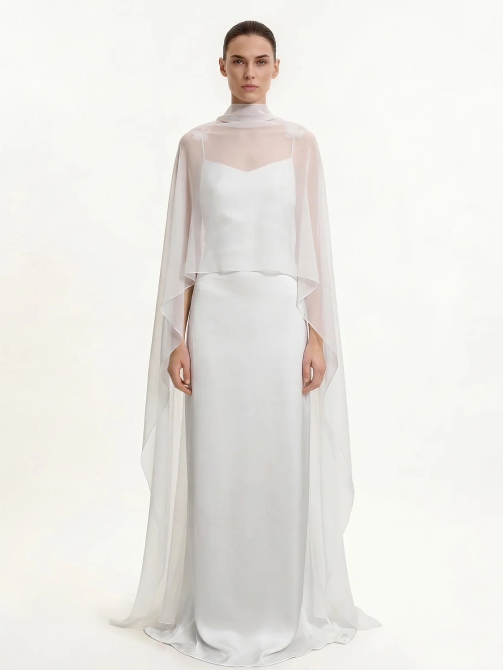 JW PEI White Sheer Cape Minimal Bridal Gown